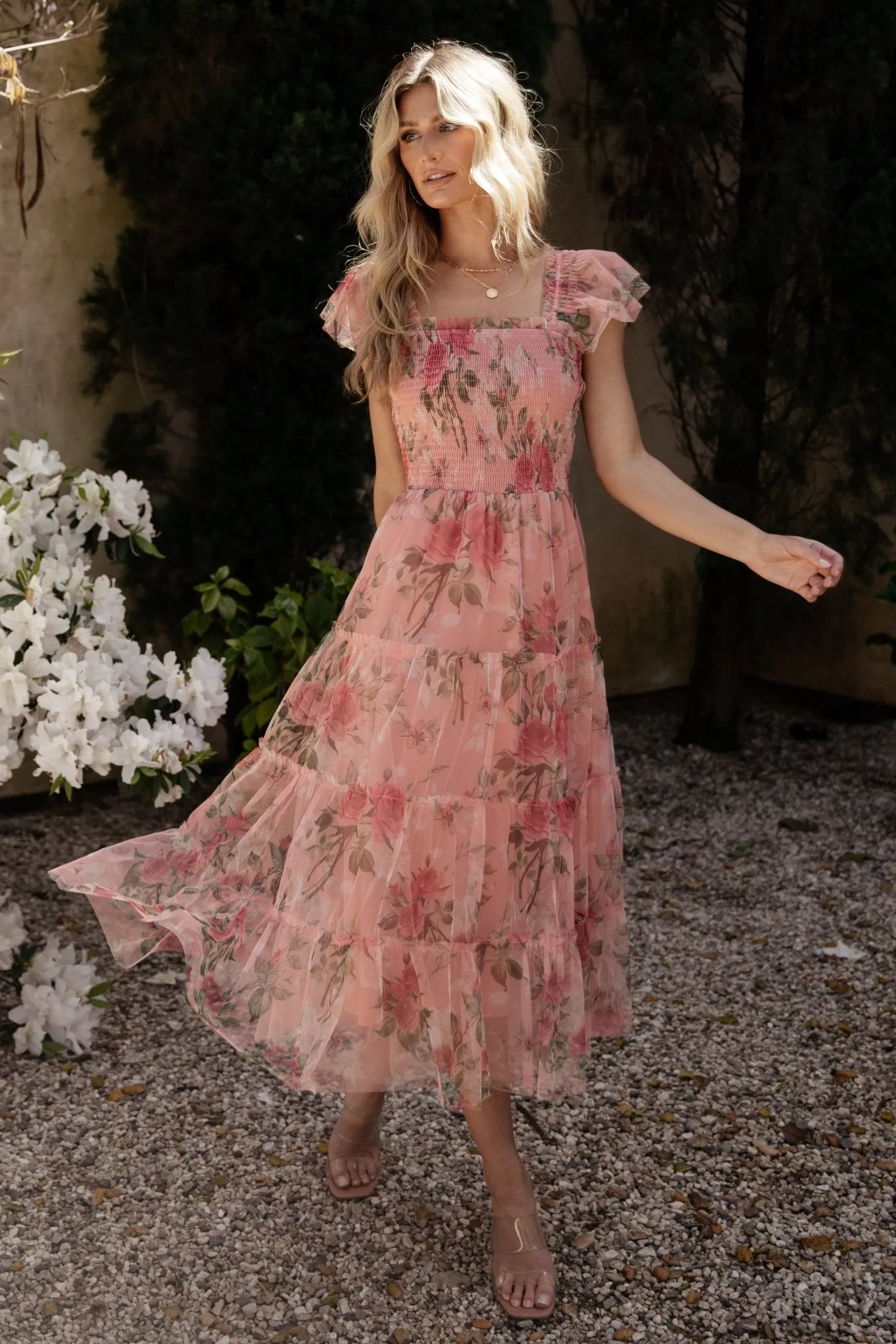 Clementine Tulle Midi Dress | Pink Rose Floral sold by Baltic Born product image thumbnail 4
