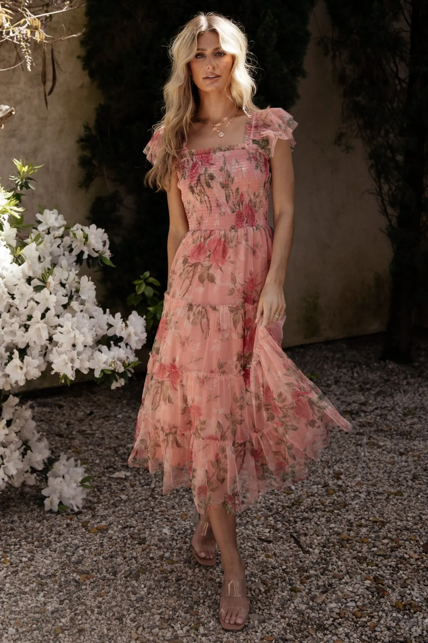 Clementine Tulle Midi Dress | Pink Rose Floral sold by Baltic Born