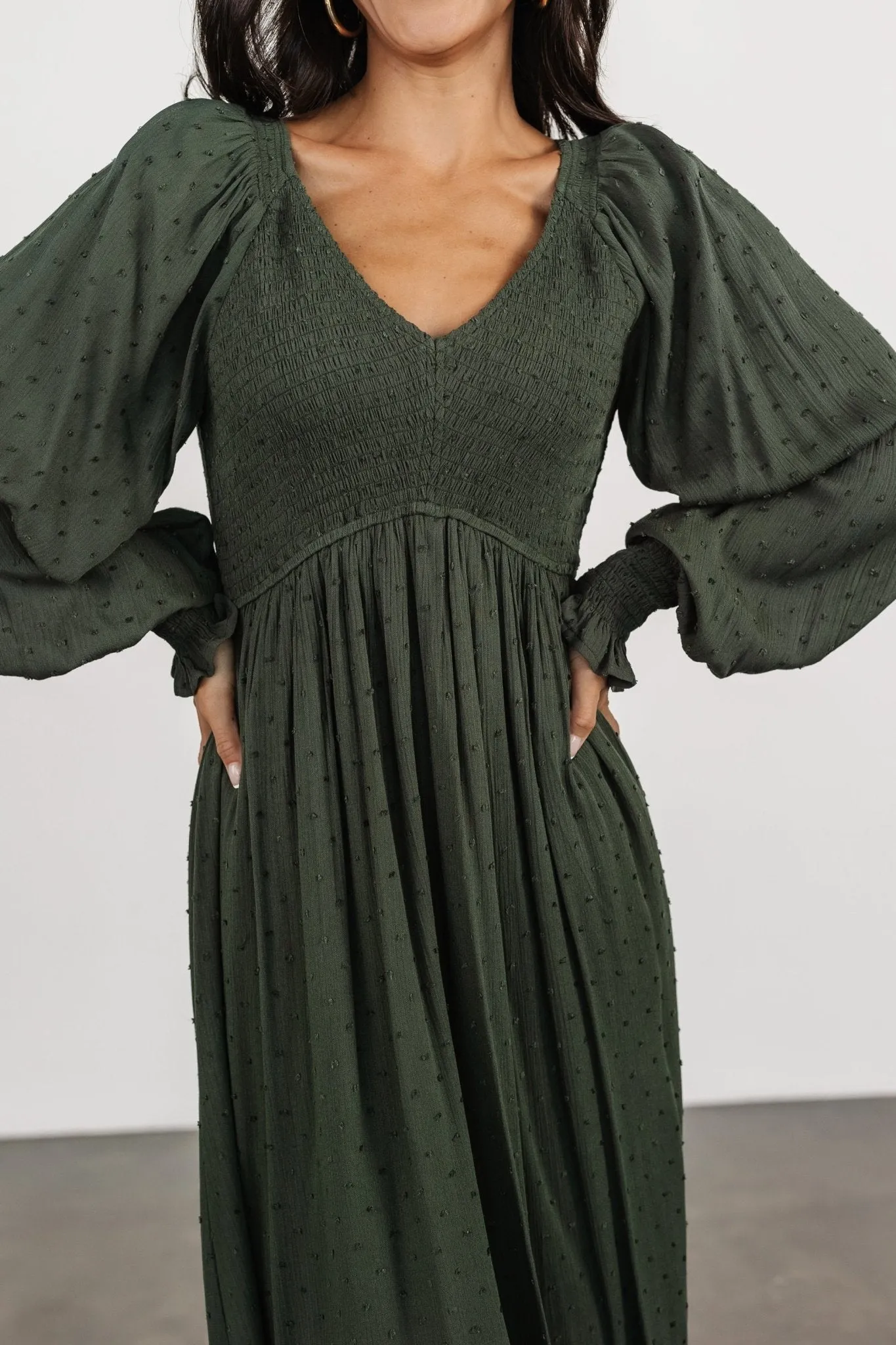 Lainey Smocked Dotted Midi Dress | Deep Olive sold by Baltic Born product image thumbnail 3