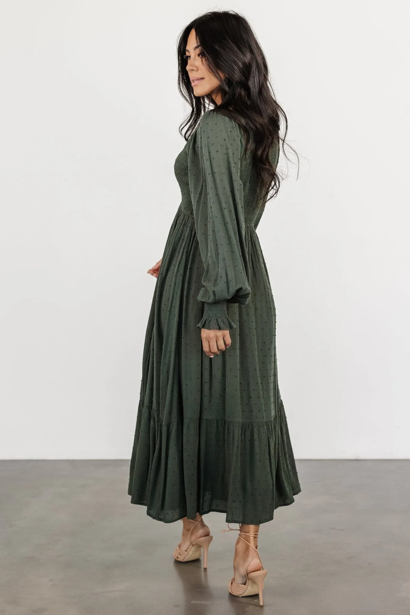 Lainey Smocked Dotted Midi Dress | Deep Olive sold by Baltic Born product image thumbnail 4