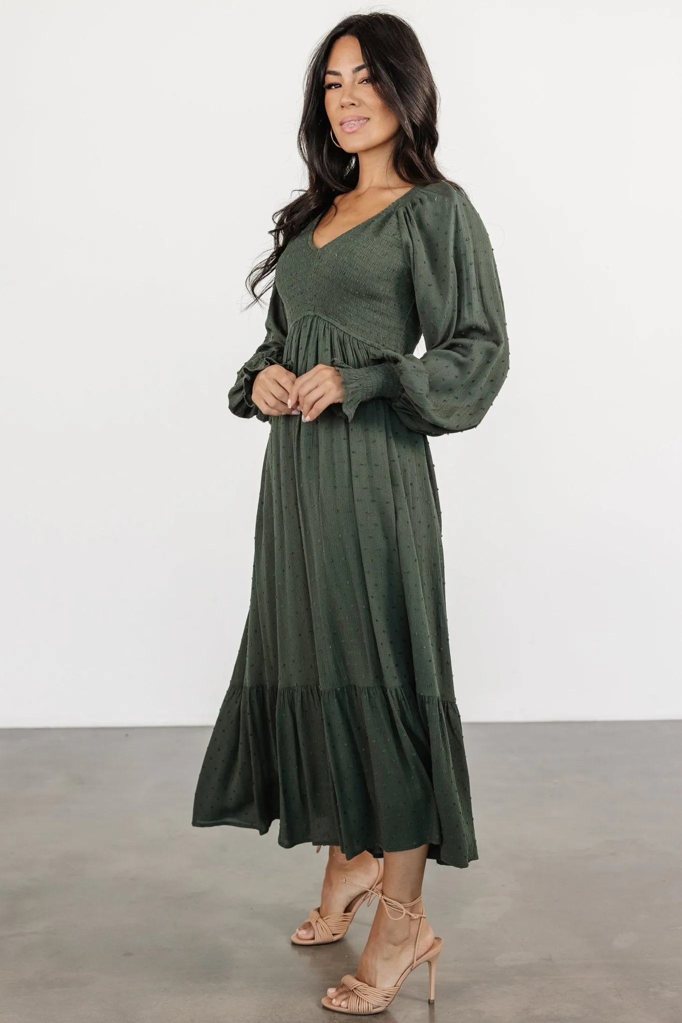 Lainey Smocked Dotted Midi Dress | Deep Olive sold by Baltic Born