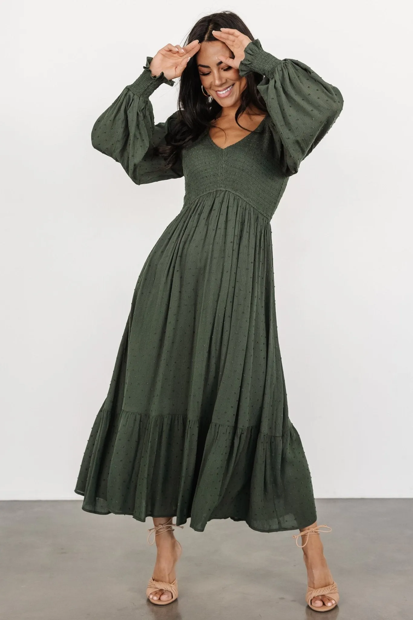 Lainey Smocked Dotted Midi Dress | Deep Olive sold by Baltic Born product image thumbnail 5