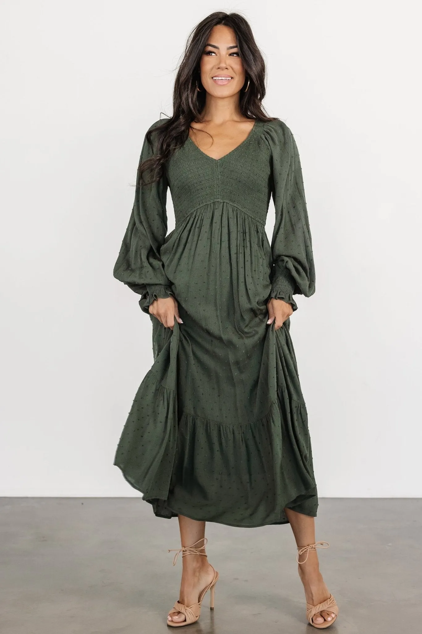 Lainey Smocked Dotted Midi Dress | Deep Olive sold by Baltic Born product image thumbnail 2