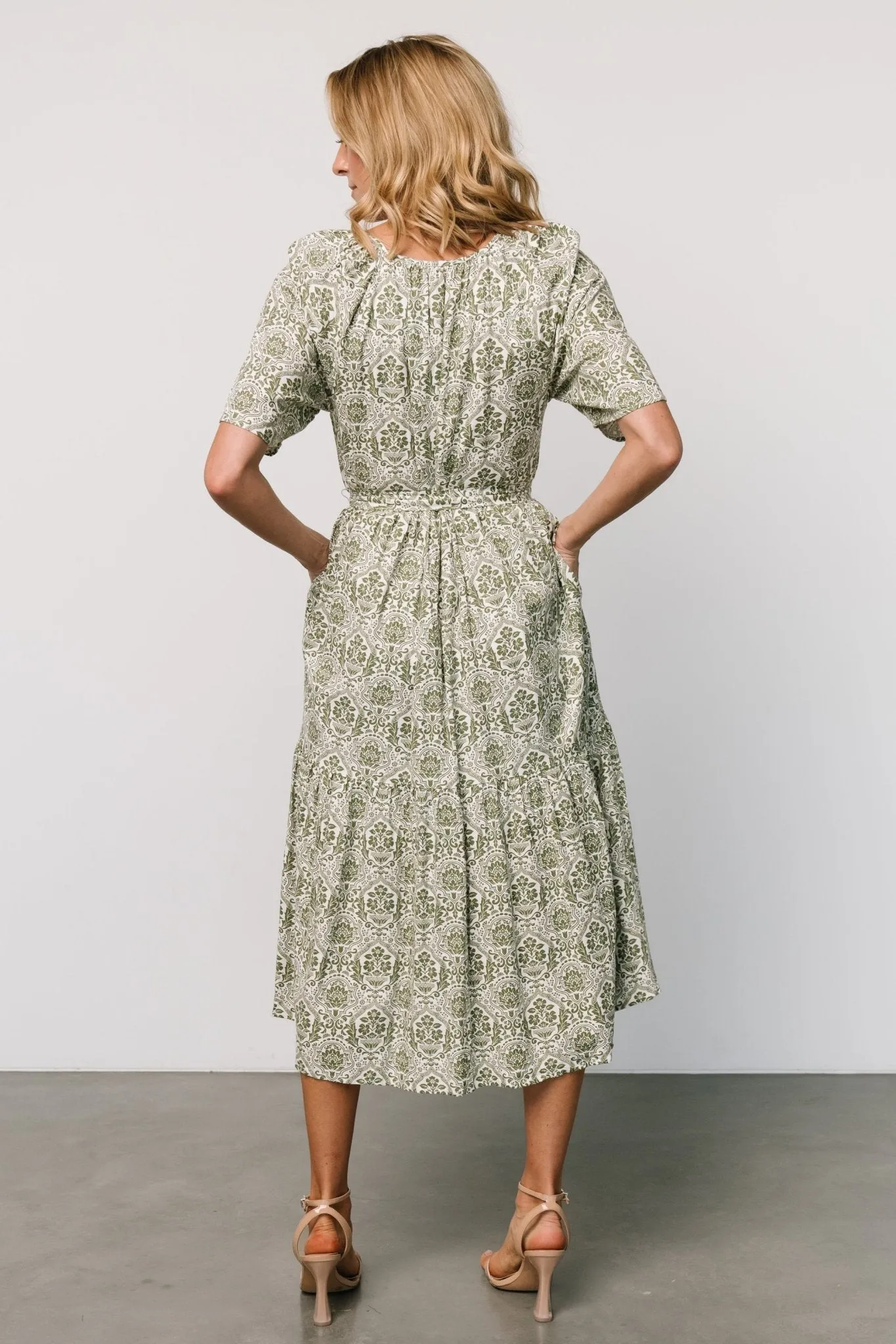 Lyla Midi Dress | White + Olive Print sold by Baltic Born product image thumbnail 4