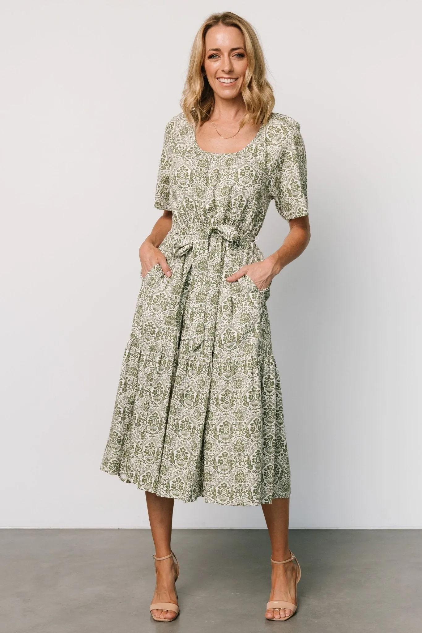 Lyla Midi Dress | White + Olive Print sold by Baltic Born product image thumbnail 5
