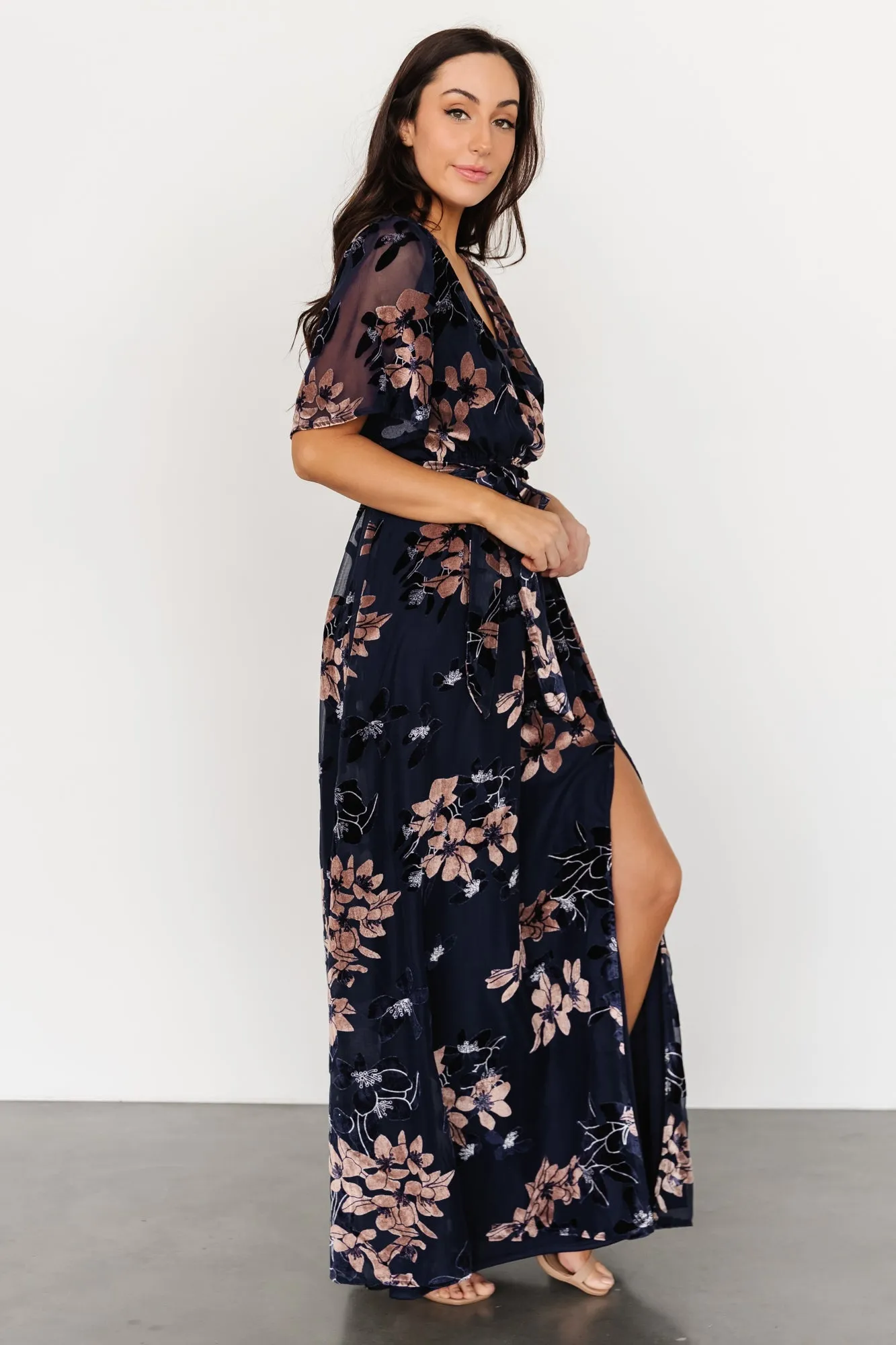 Parisian Velvet Maxi Dress | Blue + Blush Floral sold by Baltic Born product image thumbnail 3