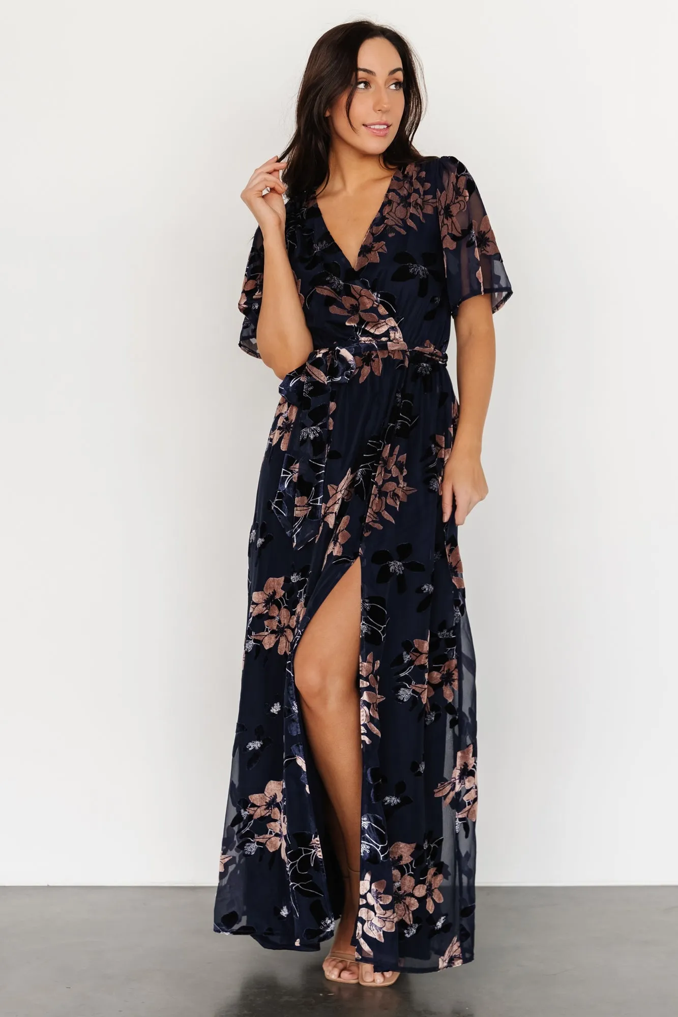 Parisian Velvet Maxi Dress | Blue + Blush Floral sold by Baltic Born product image thumbnail 2