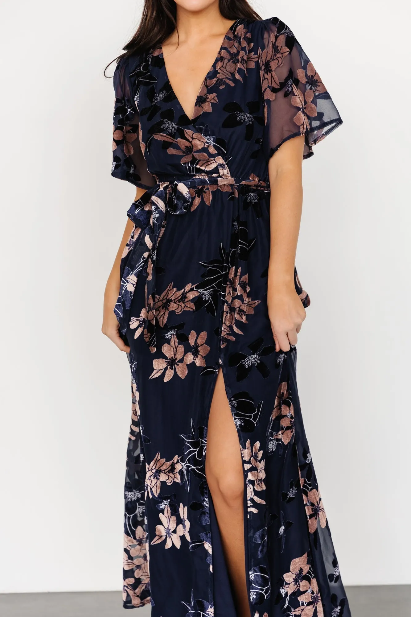 Parisian Velvet Maxi Dress | Blue + Blush Floral sold by Baltic Born product image thumbnail 5