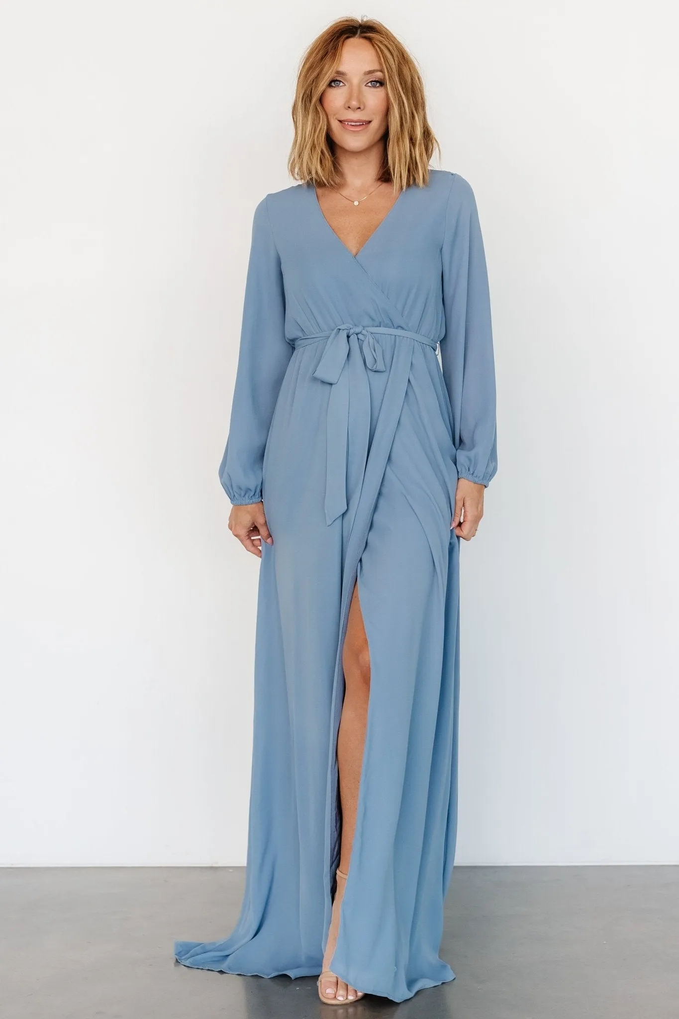 Breanne Faux Wrap Maxi Dress | Slate Blue sold by Baltic Born