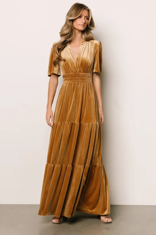 Artemis Velvet Maxi Dress | Dark Gold sold by Baltic Born