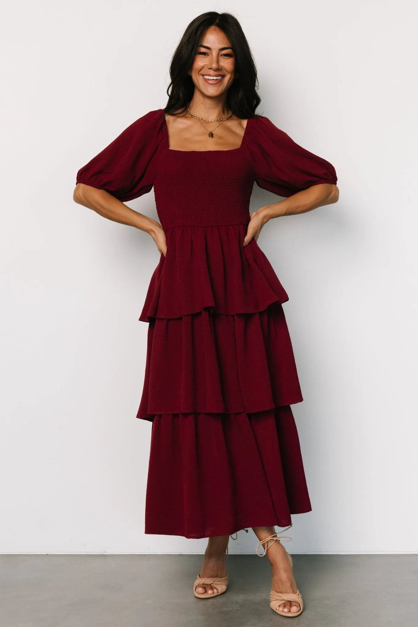 Ashbourne Tiered Dress | Burgundy sold by Baltic Born