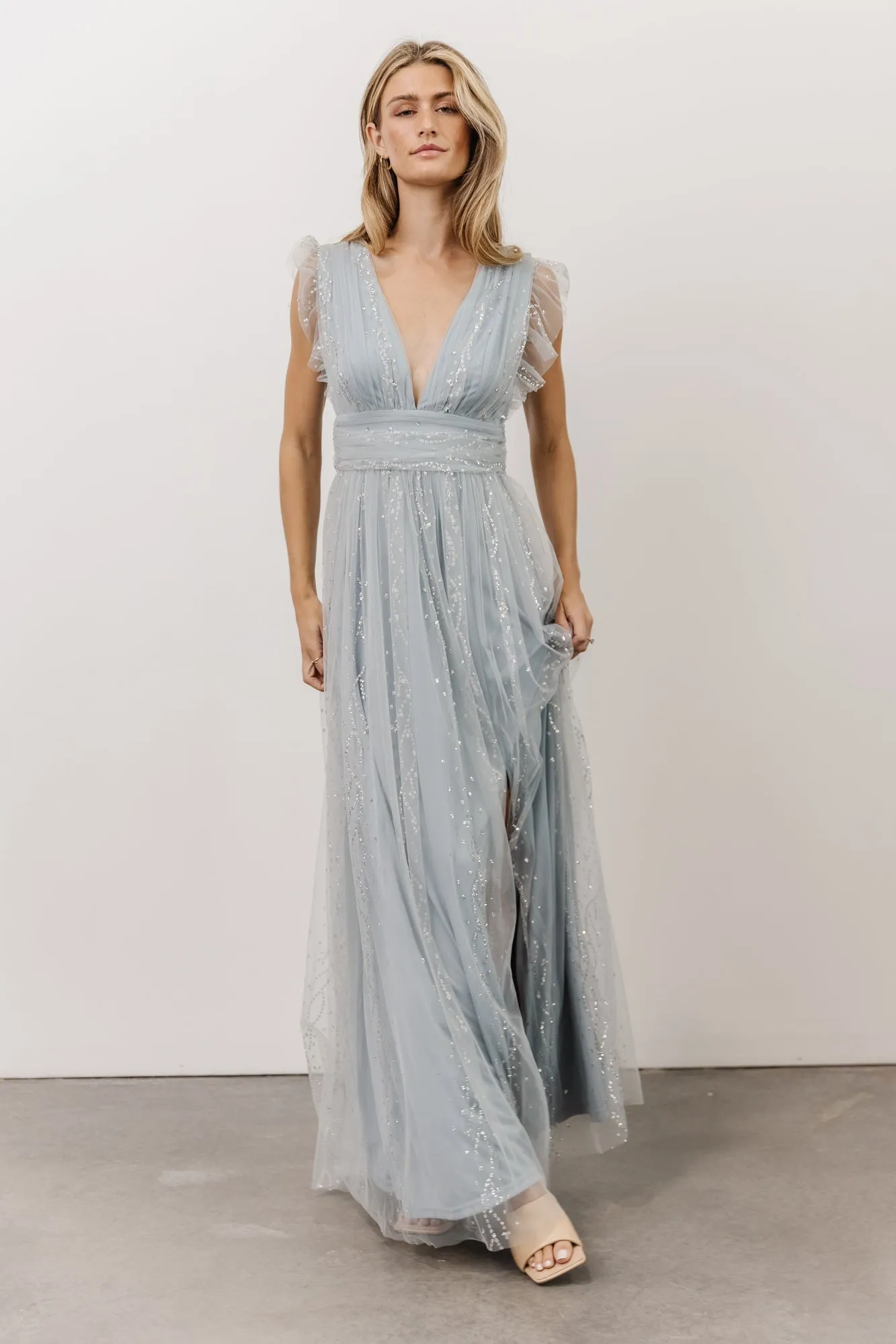 Annika Sequin Mesh Maxi Dress | Dusty Blue sold by Baltic Born