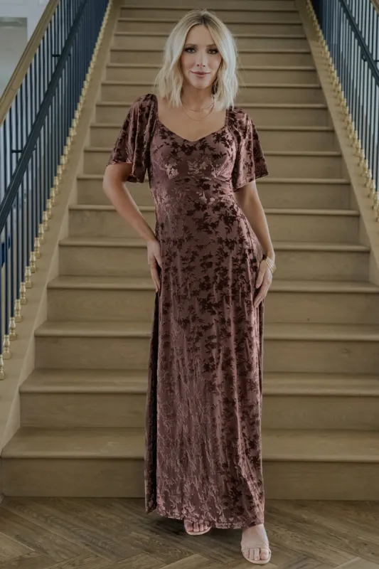 Everley Velvet Maxi Dress | Espresso sold by Baltic Born