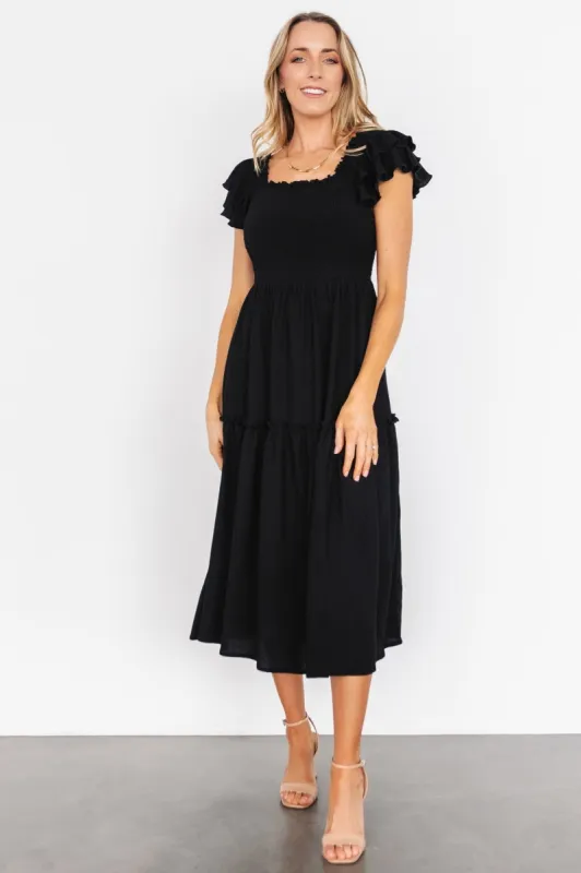 Jacie Smocked Midi Dress | Black sold by Baltic Born