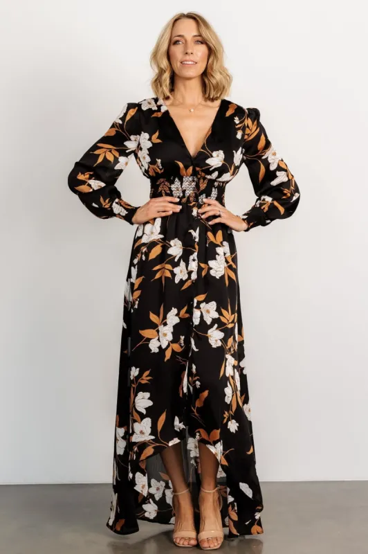 Mayfair High Low Maxi Dress | Black Floral sold by Baltic Born