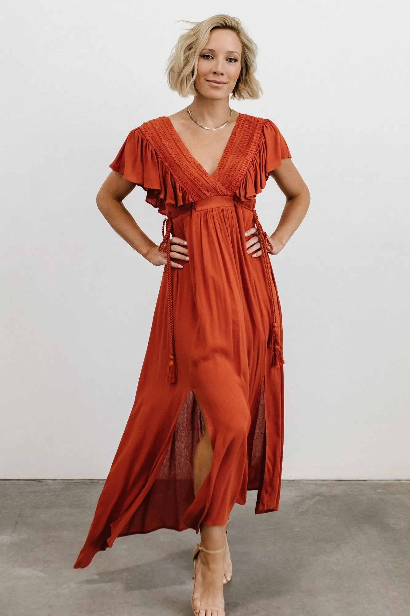 Jennifer Deep V Maxi Dress | Rust sold by Baltic Born