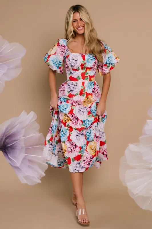 Iva Puff Sleeve Midi Dress | Red Multi Floral sold by Baltic Born