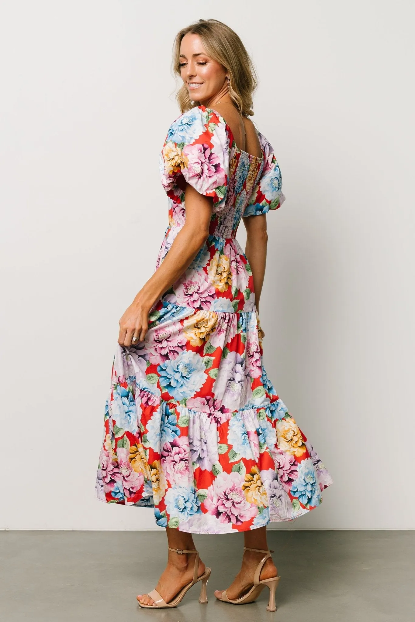 Iva Puff Sleeve Midi Dress | Red Multi Floral sold by Baltic Born product image thumbnail 4