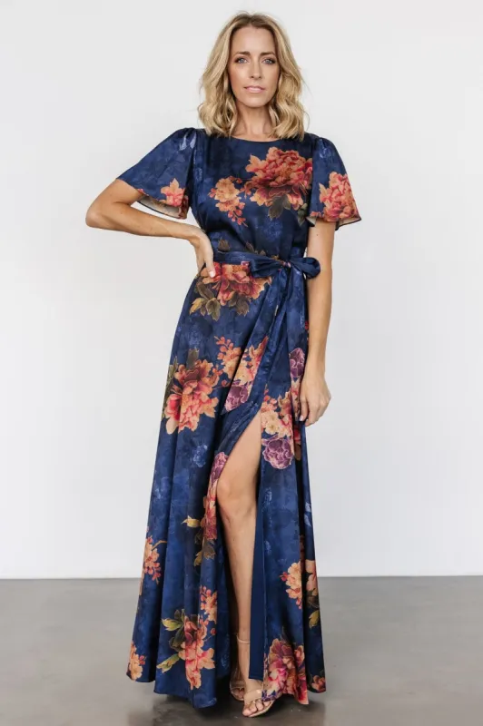 Agnes Satin Maxi Dress | Navy Floral sold by Baltic Born