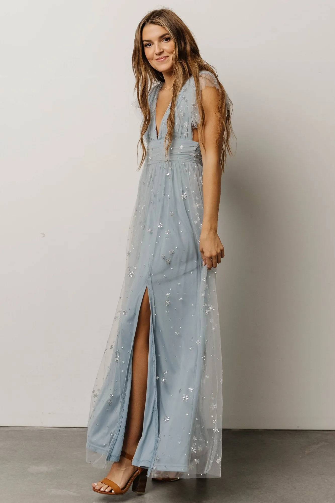 Nova Shimmer Maxi Dress | Dusty Blue + Silver sold by Baltic Born product image thumbnail 4