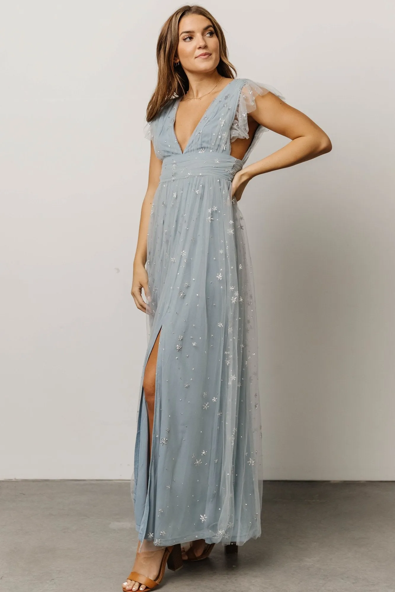 Nova Shimmer Maxi Dress | Dusty Blue + Silver sold by Baltic Born