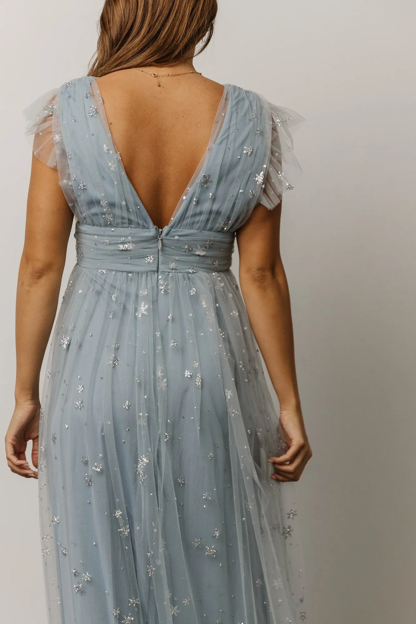 Nova Shimmer Maxi Dress | Dusty Blue + Silver sold by Baltic Born product image thumbnail 5