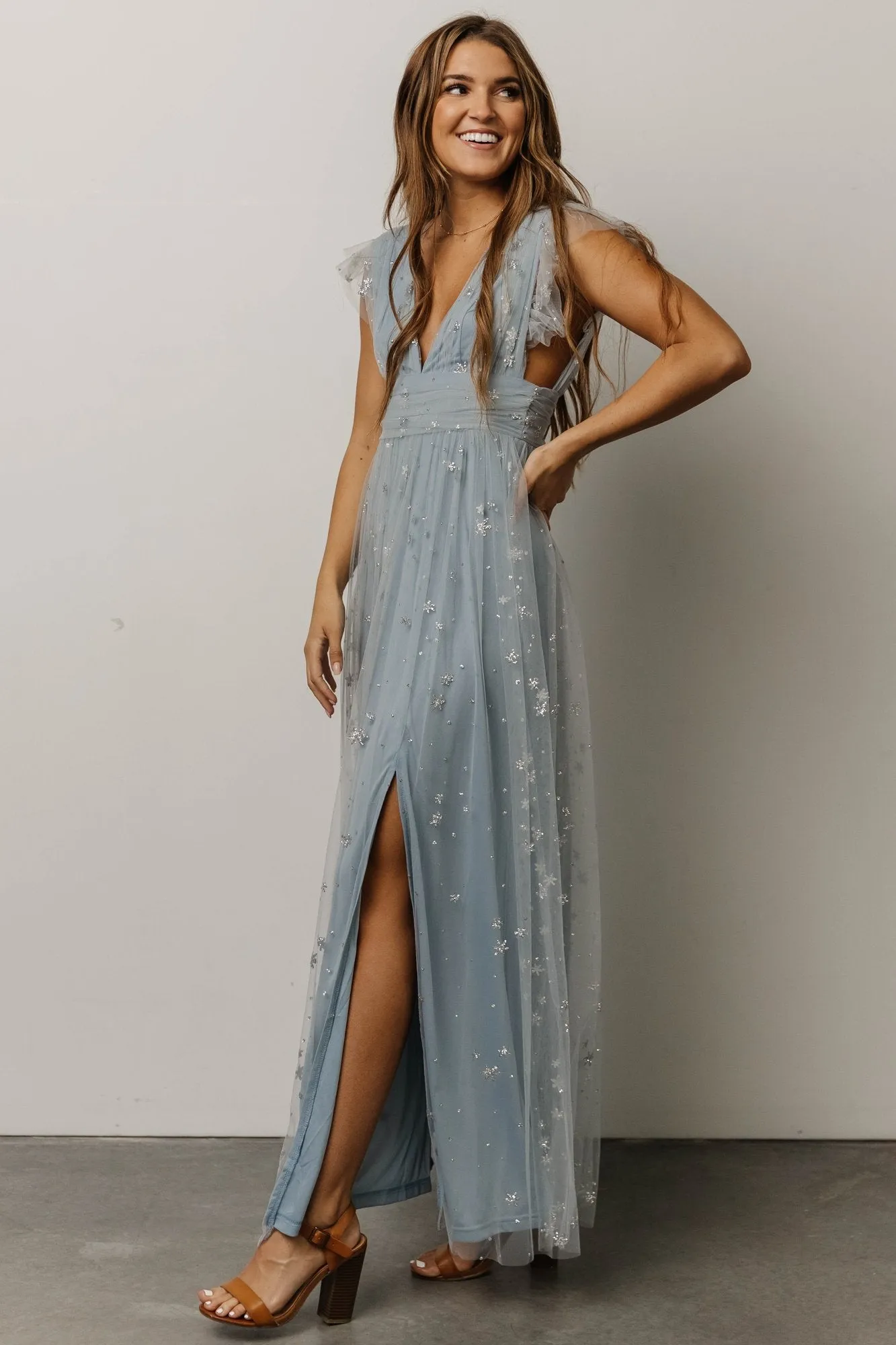 Nova Shimmer Maxi Dress | Dusty Blue + Silver sold by Baltic Born product image thumbnail 2