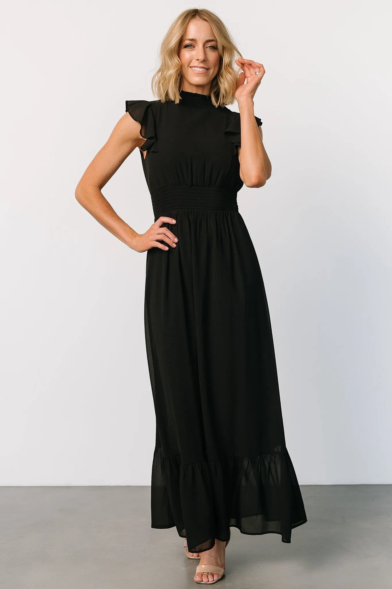 Kearny Ruffle Maxi Dress | Black sold by Baltic Born