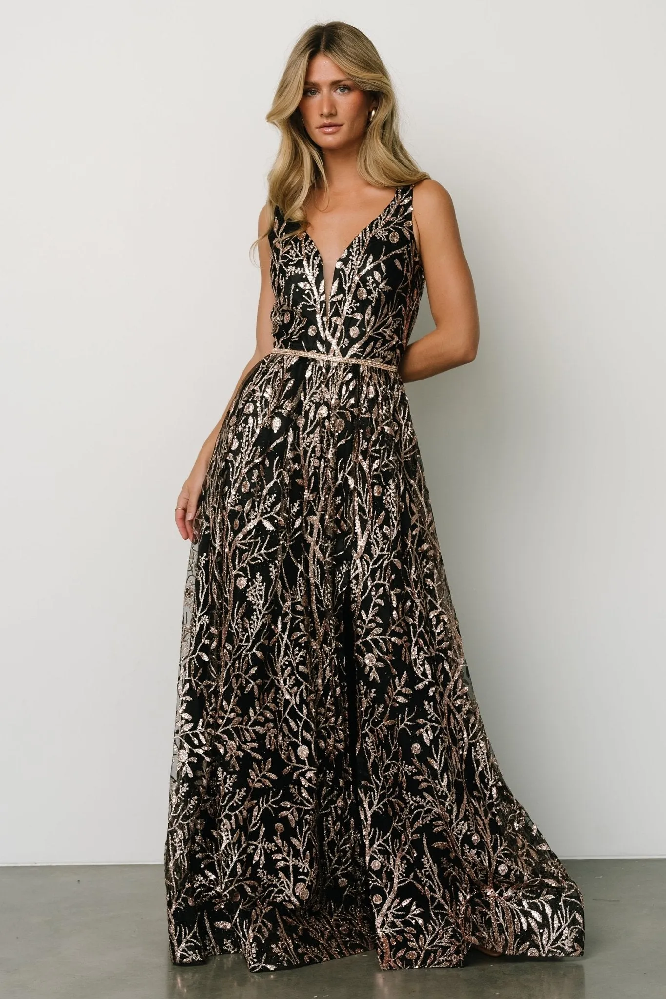 Skyla Glitter Gown | Black + Rose Gold sold by Baltic Born