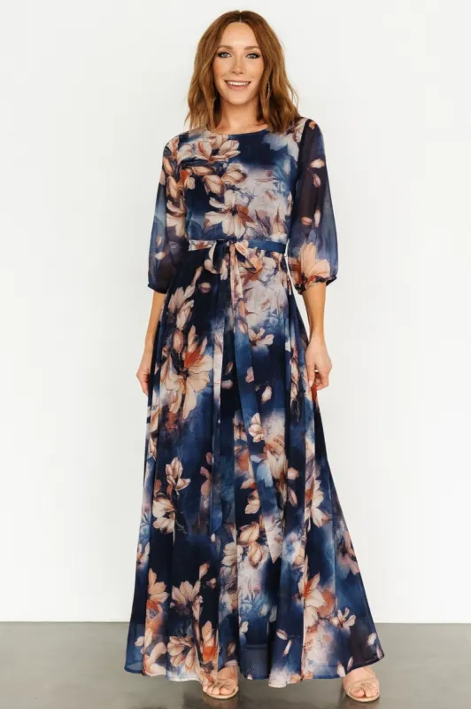 Rebecca Maxi Dress | Dark Blue Floral sold by Baltic Born