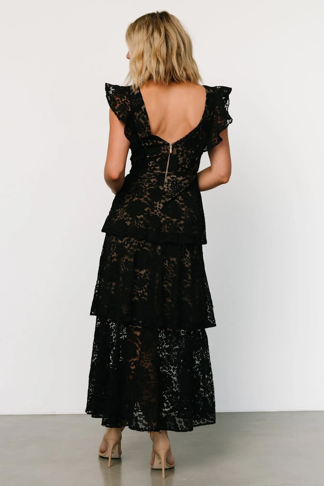 Margot Lace Tiered Maxi Dress | Black + Nude sold by Baltic Born product image thumbnail 4