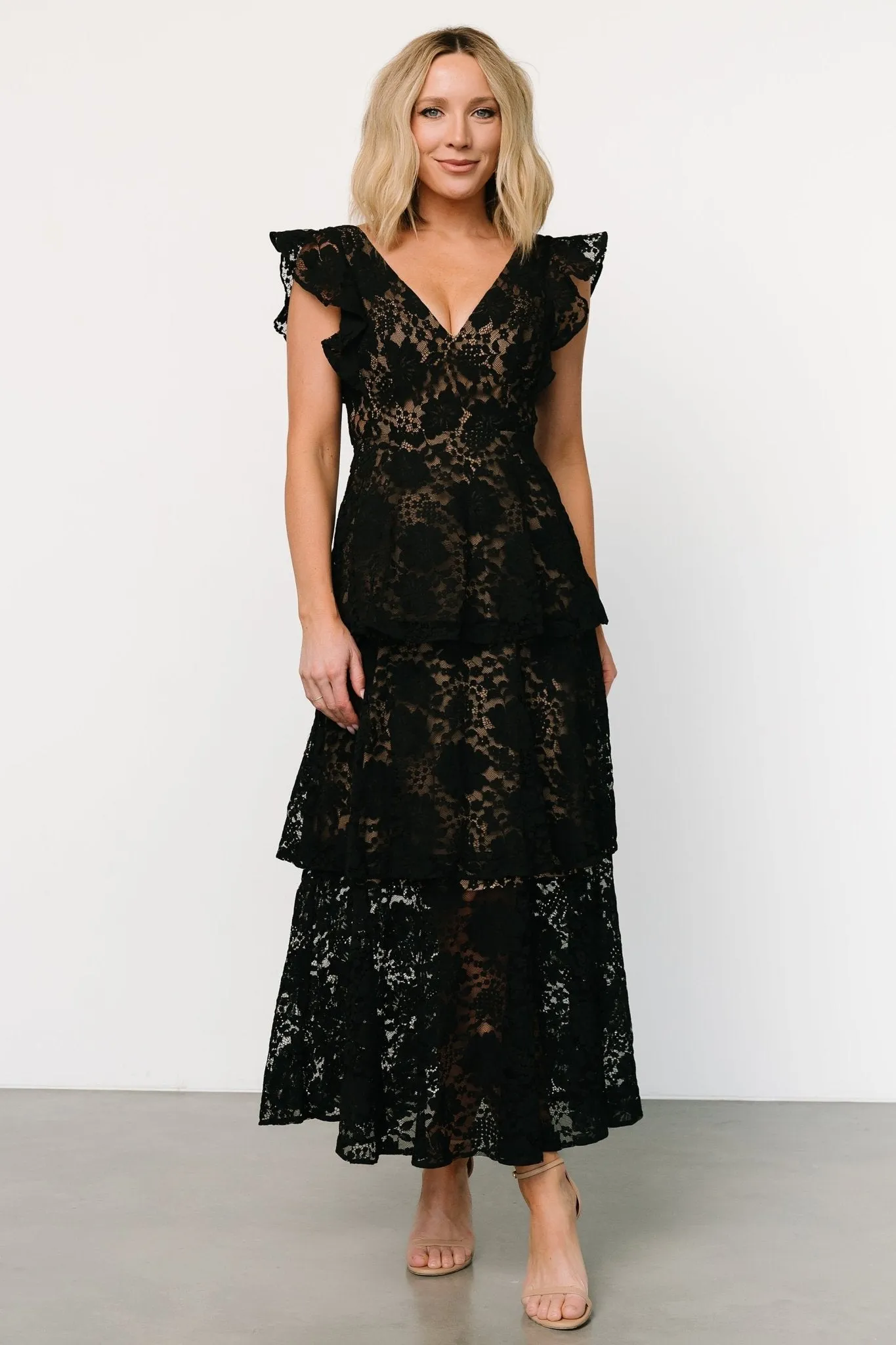 Margot Lace Tiered Maxi Dress | Black + Nude sold by Baltic Born