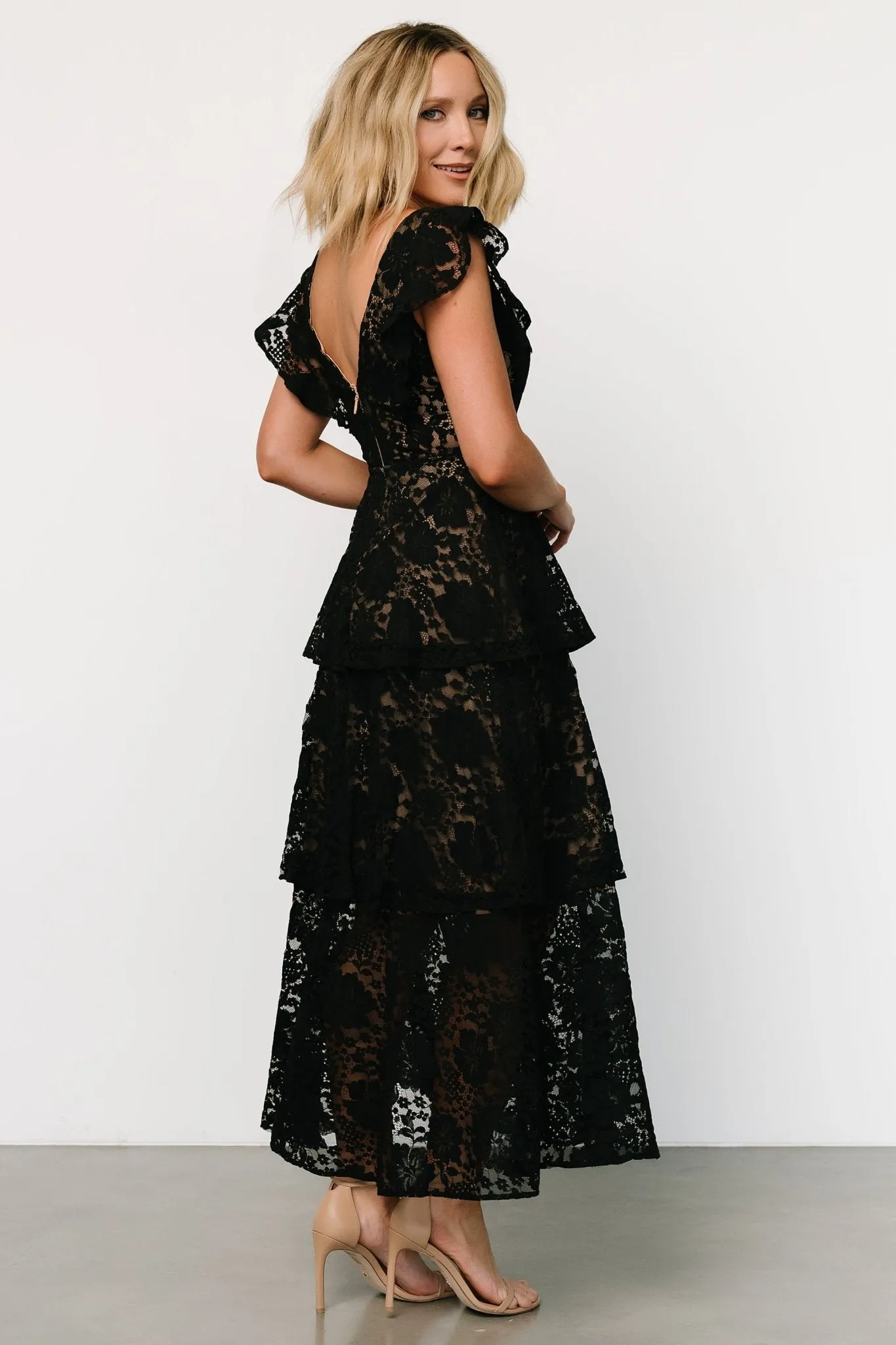 Margot Lace Tiered Maxi Dress | Black + Nude sold by Baltic Born product image thumbnail 5