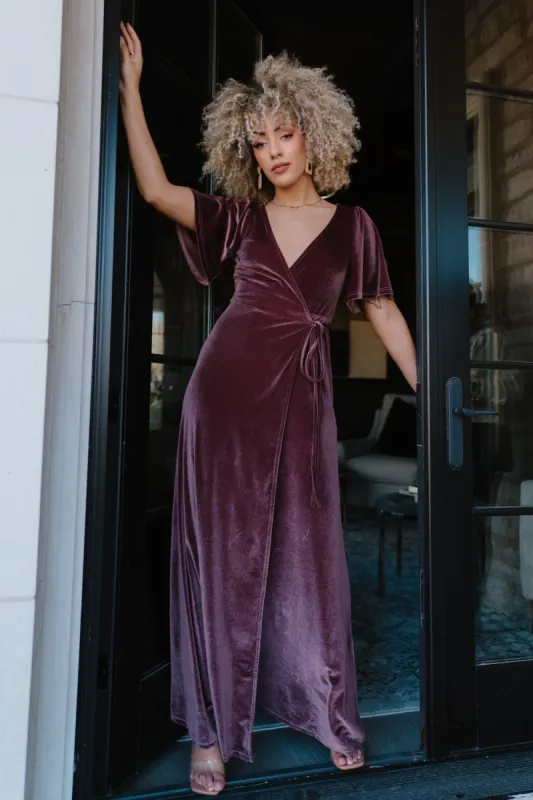 Meghan Velvet Wrap Maxi Dress | Dusty Plum sold by Baltic Born