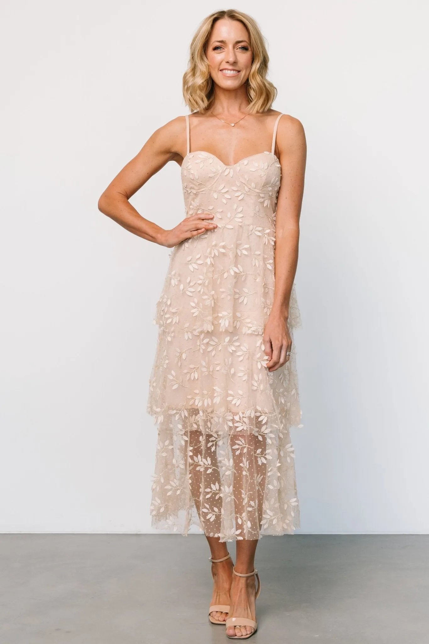 Anavi Tiered Midi Dress | Champagne sold by Baltic Born