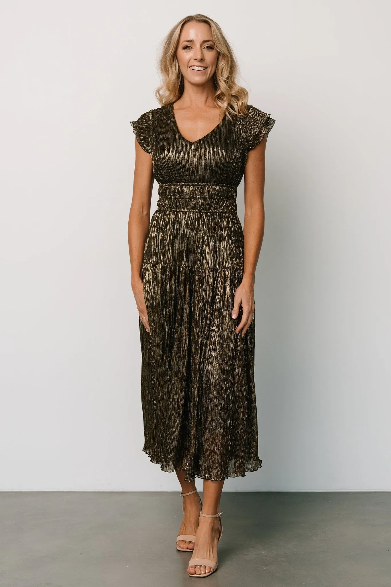 Miley Pleated Shimmer Dress | Gold sold by Baltic Born