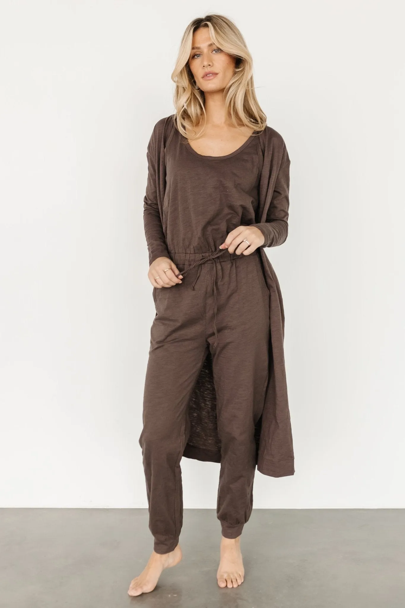 Janae Jumpsuit + Cardigan Set | Mocha sold by Baltic Born