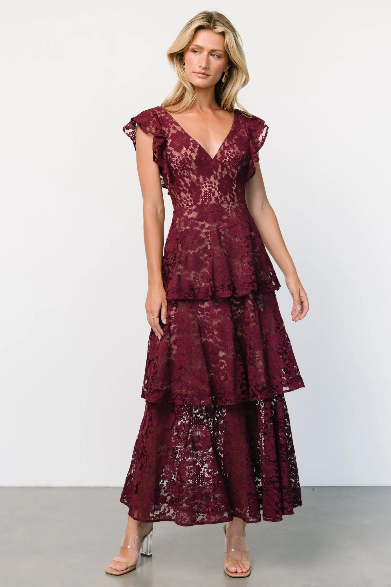 Margot Lace Tiered Maxi Dress | Wine sold by Baltic Born