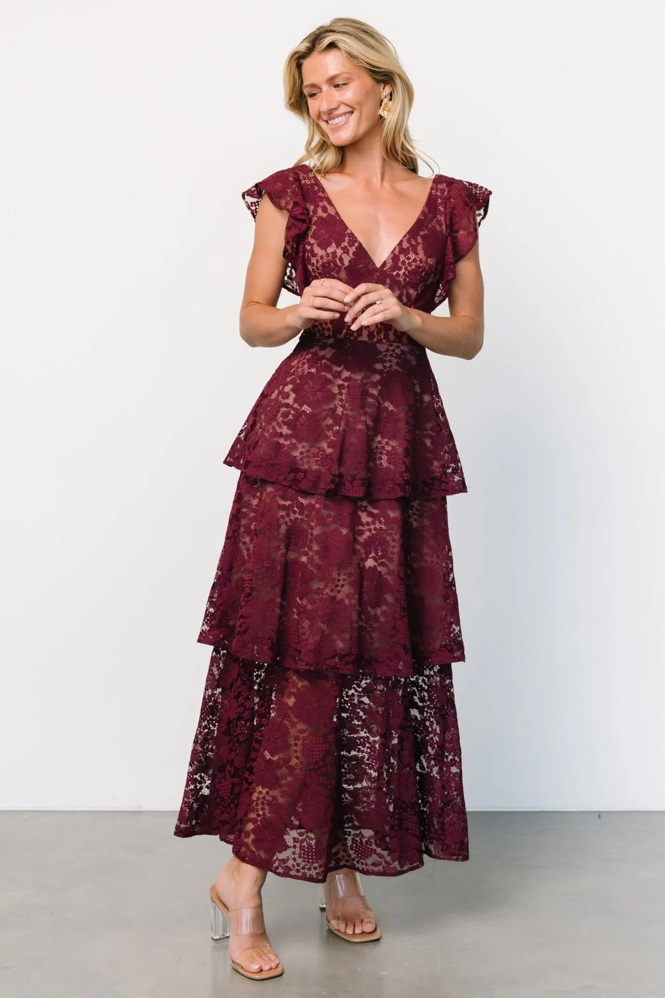 Margot Lace Tiered Maxi Dress | Wine sold by Baltic Born product image thumbnail 5