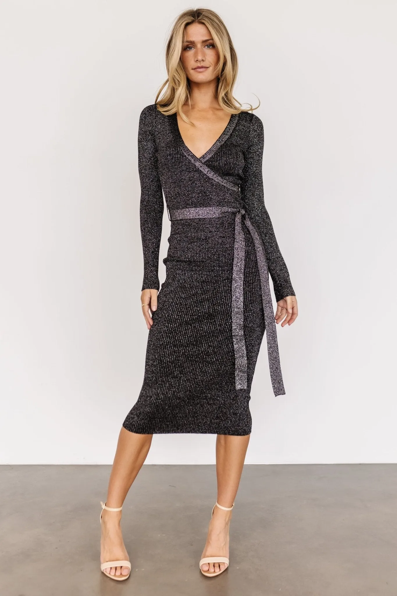 Nancy Ribbed Shimmer Midi Dress | Black sold by Baltic Born