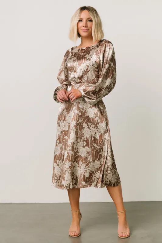Beverly Satin Midi Dress | Mocha Print sold by Baltic Born
