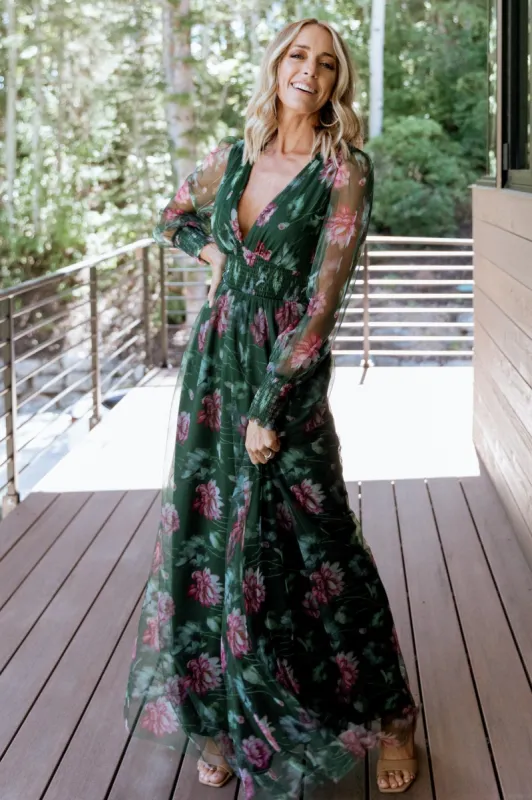 Layla Tulle Maxi Dress | Green + Pink Floral sold by Baltic Born