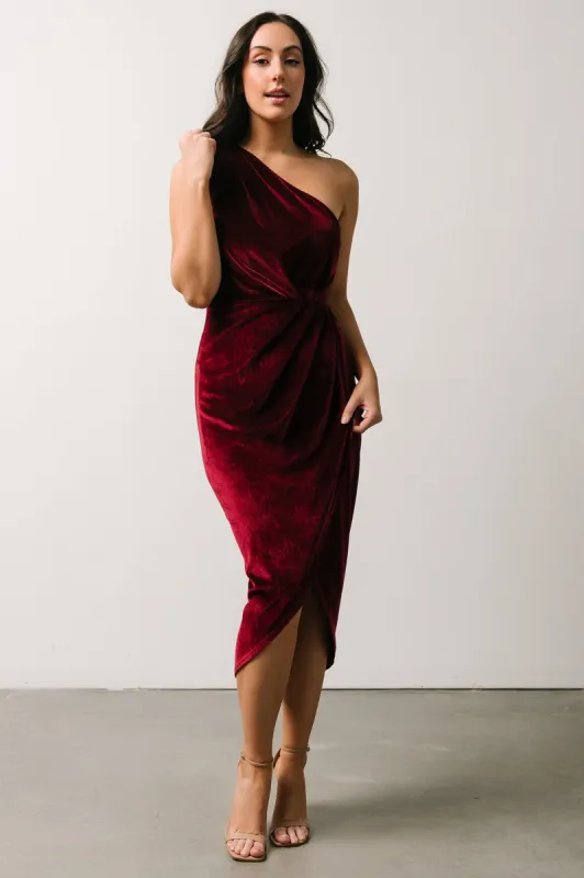 Kourtney Velvet One Shoulder Midi Dress | Merlot sold by Baltic Born