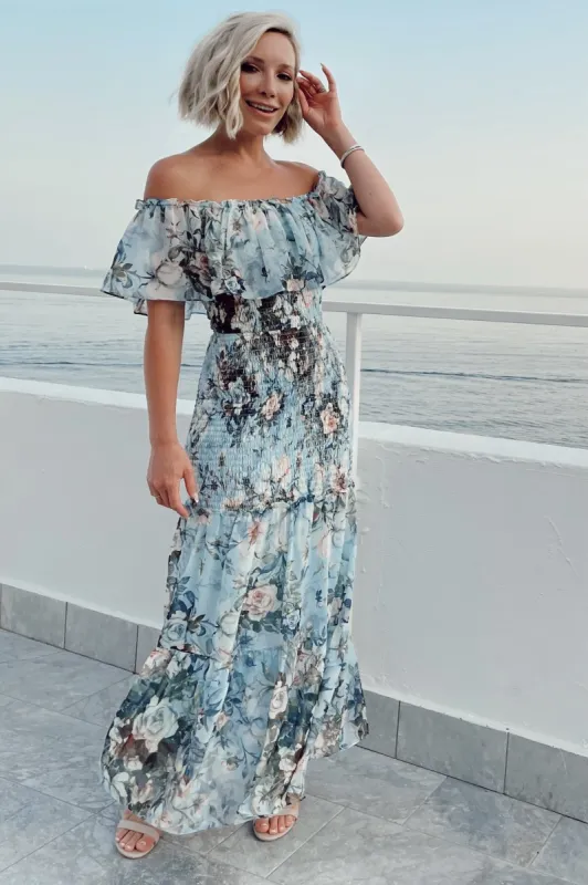 Amalfi Smocked Maxi Dress | Blue Floral sold by Baltic Born