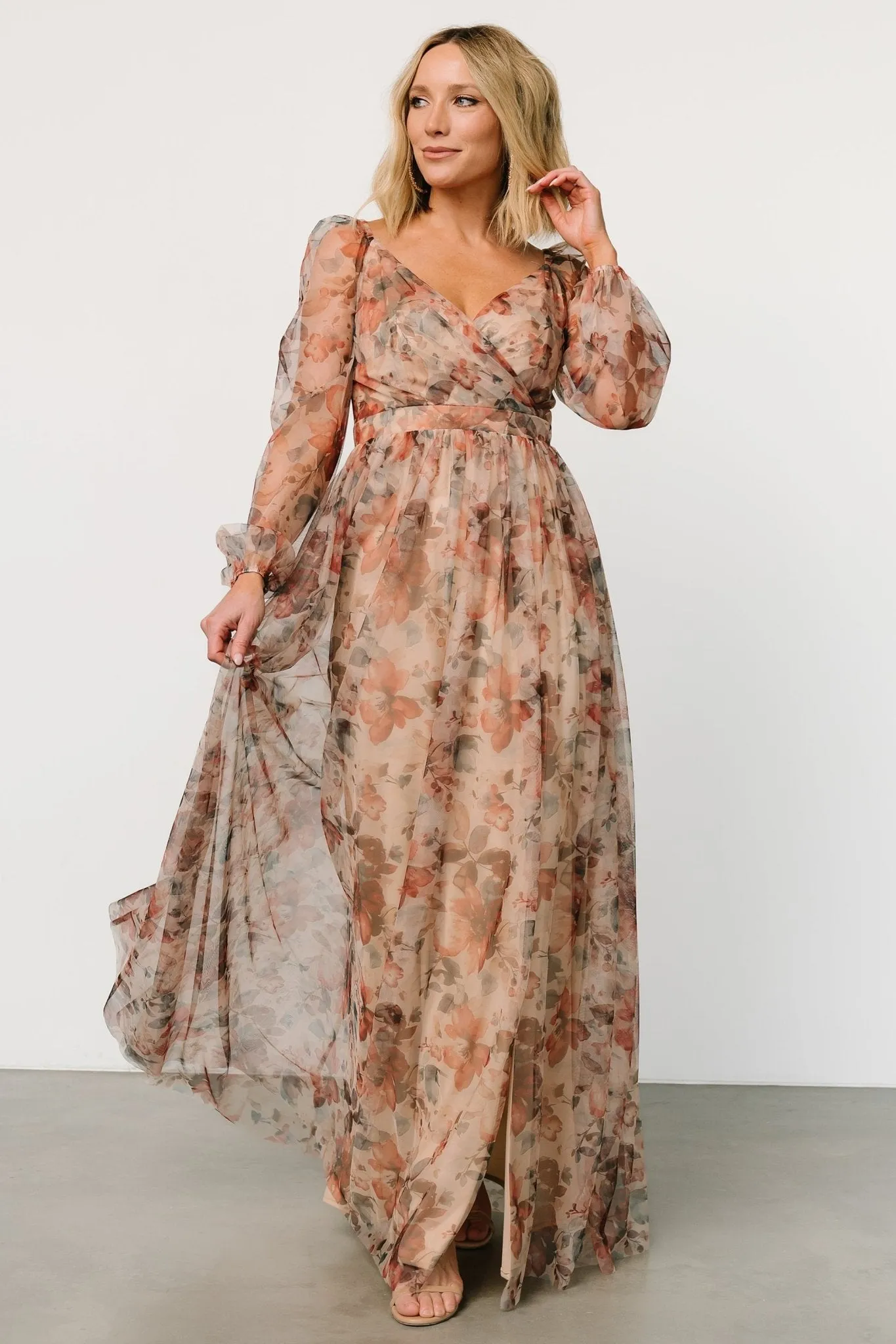Desiree Tulle Maxi Dress | Taupe Floral sold by Baltic Born