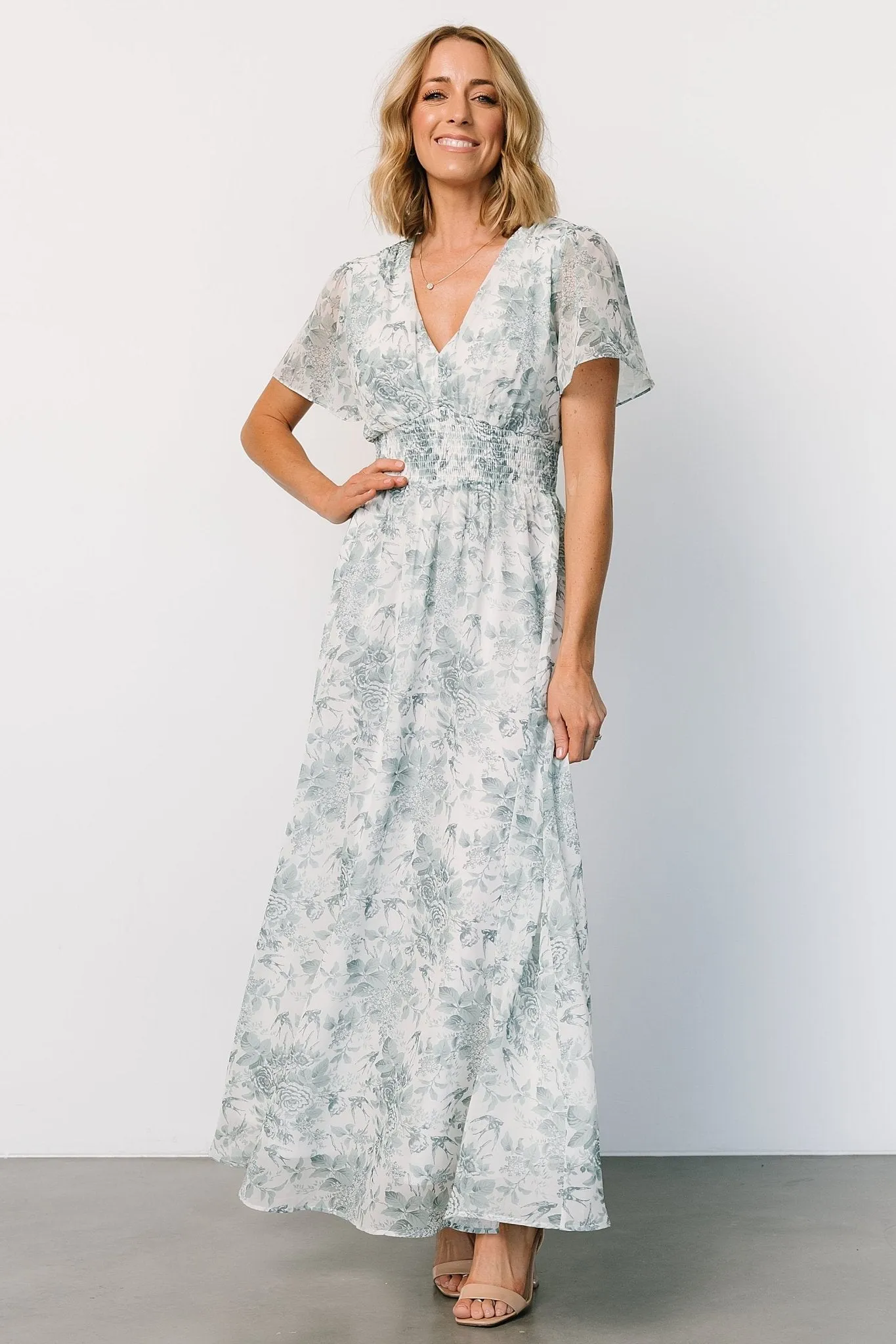 Birdie Maxi Dress | White + Sage Floral sold by Baltic Born