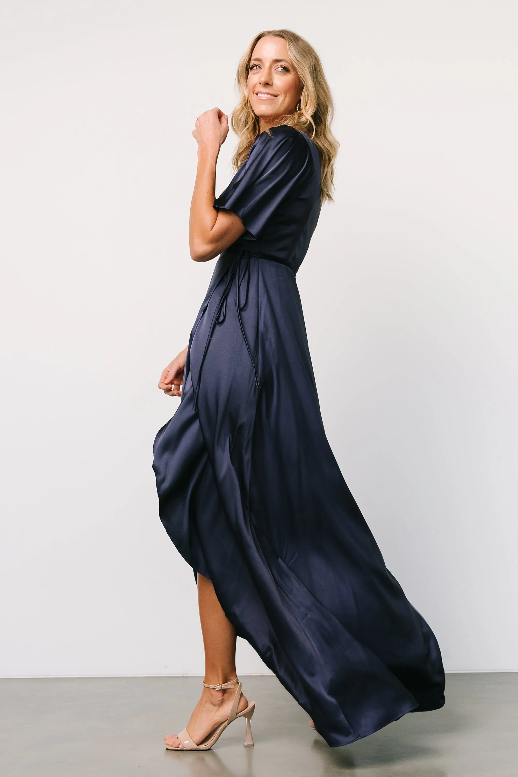 Vara Satin Maxi Wrap Dress | Navy sold by Baltic Born product image thumbnail 5