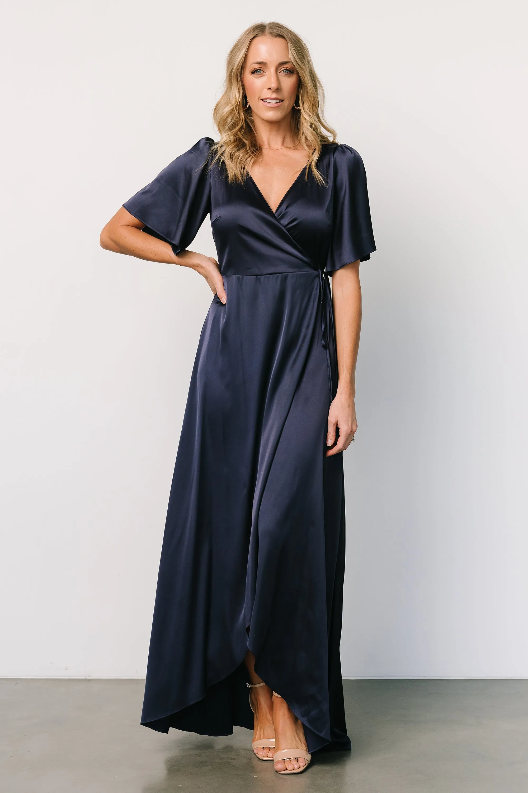 Vara Satin Maxi Wrap Dress | Navy sold by Baltic Born product image thumbnail 4