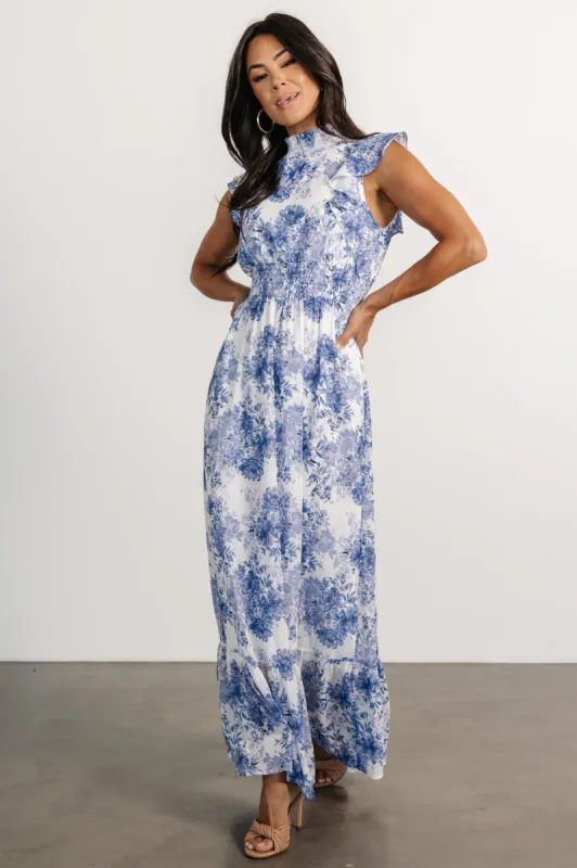 Kearny Ruffle Maxi Dress | White + Blue Floral sold by Baltic Born