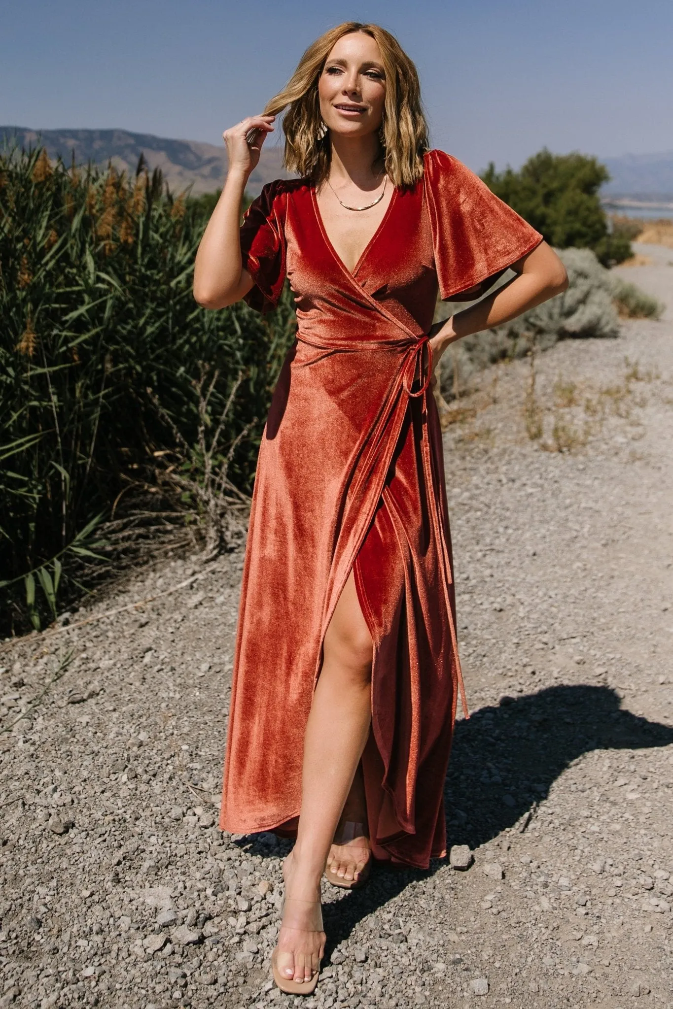 Katelyn Velvet Maxi Wrap Dress | Cinnamon sold by Baltic Born